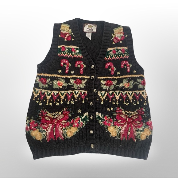 VTG Tiara International Christmas Vest Womens Size L Embroidered Vintage 2000 - Picture 1 of 4
